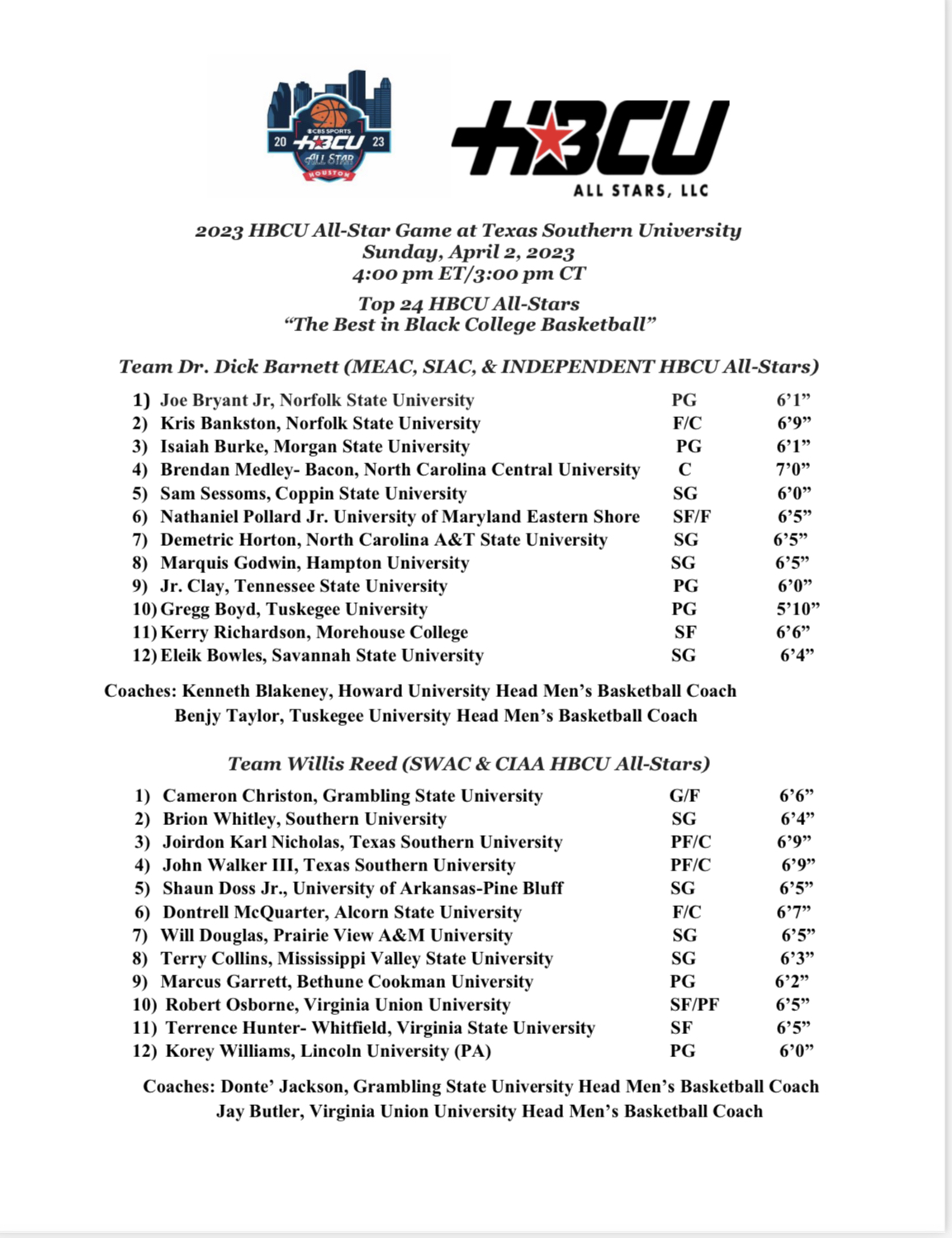 HBCU All-Stars Game Announces The Top 24 HBCU Basketball Players To Play In Historic All-Star Game At Texas Southern University!